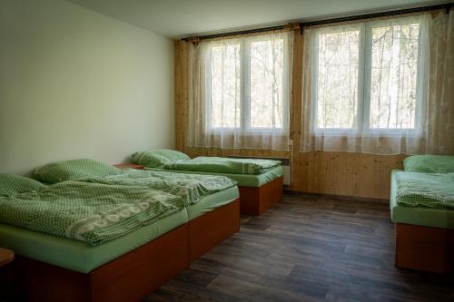 Cette chambre comprend trois lits et deux fenêtres. dans l'établissement Chatka na hřišti TJ Sokol, à Ostravice