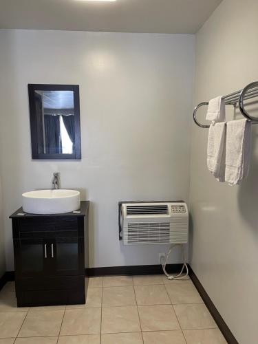 baño con lavabo y lavabo blanco en Wooden Shoe Motel, en Holland