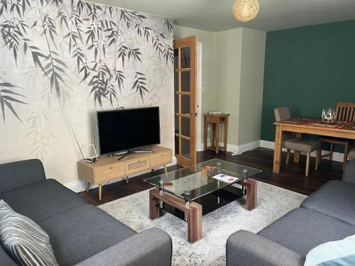a living room with a couch and a tv at Comfortable Two Bedroom Modern Apartment in London