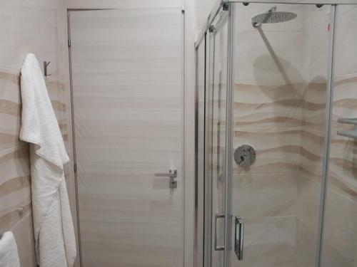 y baño con ducha y puerta de cristal. en Palazzo Buscema - Casa & Vacanza, en Crotone