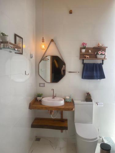 a bathroom with a sink and a toilet and a mirror at Pousada Villa Del Bosque in Monte Verde