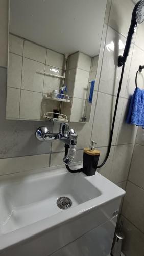 a bathroom with a white sink and a shower at Nitro Inn 1 Premium Cozy - Wine Tasting - Souvenir - Art Gallery - Private Guided Tours - Relaxing - Romantic in Skopje