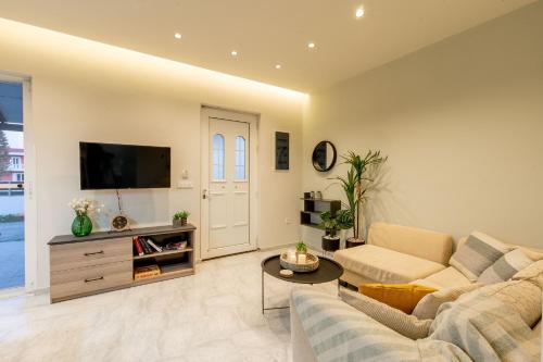 a living room with a couch and a tv at Grande Terra in Kiotari