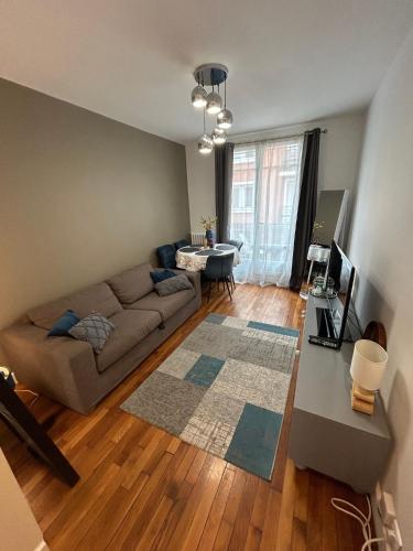 uma sala de estar com um sofá e uma mesa em Appartement cosy, Bois de Vincennes-porte de Paris em Saint-Mandé