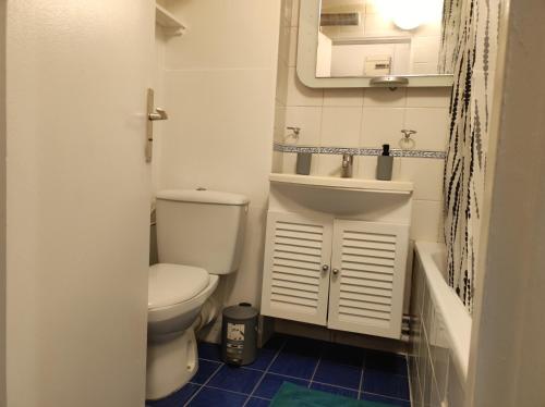 une salle de bain avec toilettes, lavabo et miroir dans l'établissement Trocadéro suite Paris 16ieme - with balcony, à Paris
