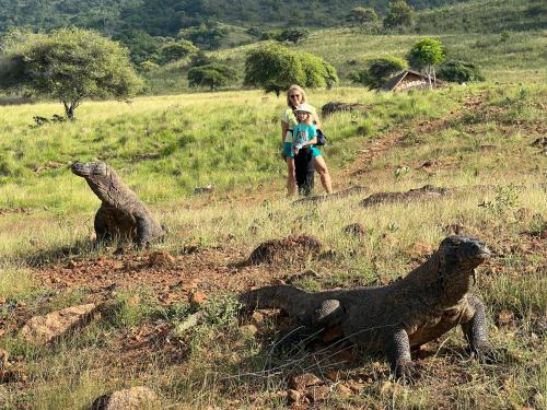 a woman holding a child in a field with statues of animals at Jhuna Komodo Homestay in Komodo