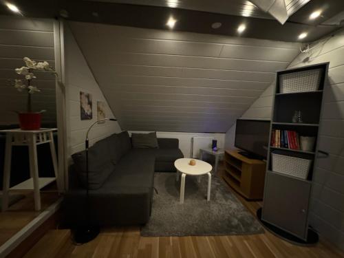 a living room with a couch and a table at Bjarmaland in Vestmannaeyjar