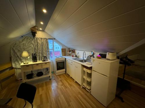 uma pequena cozinha com um lavatório e um frigorífico em Bjarmaland em Vestmannaeyjar