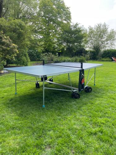a ping pong table in the grass in a field at Hoeve Pino, Verwarmd zwembad in Oudenburg