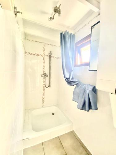a bathroom with a toilet and a blue shower curtain at Familienfreundlisches Ferienhaus "Angel mit Garten und Terrasse am Ijsselmeer Grote Vliet Niederlande in Wervershoof