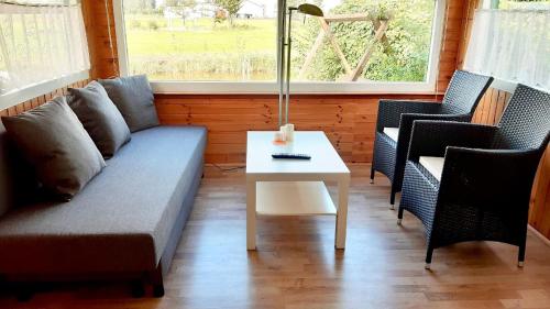 a living room with a couch and a table at Ferienhaus Balu mit eigenem Steig direkt am Wasser IJsselmeer in Wervershoof