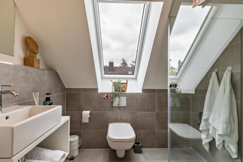 a bathroom with a sink toilet and a skylight at Bergstüble Schwabenglück in Günzburg