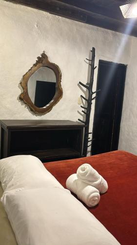 a bedroom with a bed with a mirror on the wall at Finca Campestre La Adelita B&B in Salento