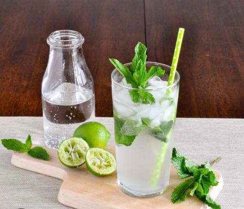 a drink with lime and mint and a bottle of water at Villa Pulido-Cardona in Miami Gardens