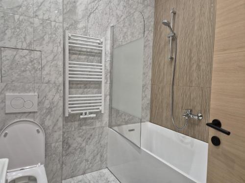a bathroom with a shower and a toilet and a sink at Tour à Taxi apartment in Brussels