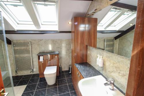 a bathroom with a toilet and a sink and skylights at The Gardeners Cottage, Hutton John is a luxurious cottage with hot tub 10 minutes from Lake Ullswater in Penruddock