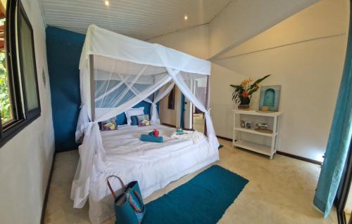 a bedroom with a white bed with a canopy at La Villa Ankarena Location de villa entière avec piscine privée à débordement sur parc aménagé Wifi TV Plage à 5 minutes à pied in Sainte Marie