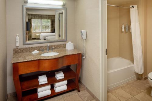 W łazience znajduje się umywalka, toaleta i prysznic. w obiekcie Hampton Inn & Suites Mystic w mieście Mystic