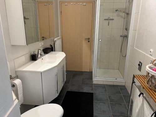 a bathroom with a toilet and a sink and a shower at Ferienwohnung Schwanheim in Schwanheim