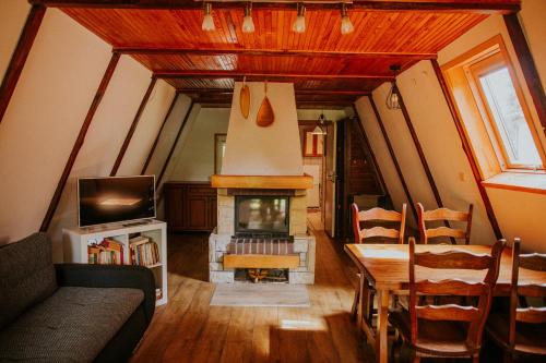a living room with a couch and a fireplace at Domek nad Jeziorem Parzeńskim in Parzeńsko