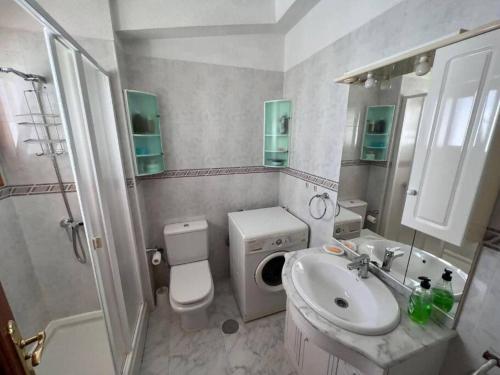 La salle de bains est pourvue d'un lavabo, de toilettes et d'une douche. dans l'établissement Vista Mar y piscina climatizada, à Arona