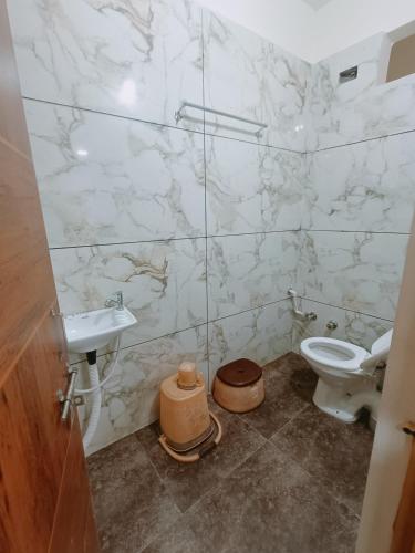 a bathroom with a toilet and a sink at Hotel Shreem in Ujjain