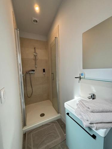 Kúpeľňa v ubytovaní Chez Oma I 1 appartement indépendant OPI I 3 chambres privatives avec salle d eau et salon commun cuisine commune WC commun patio commun