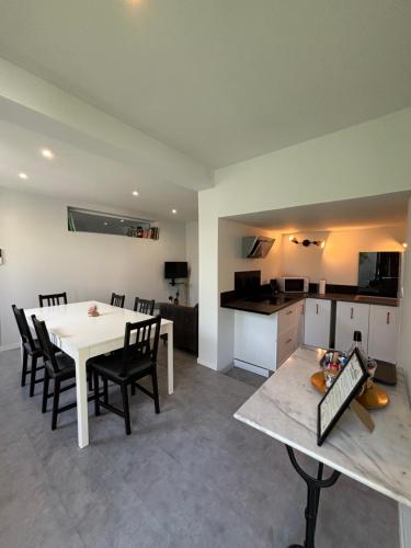 une cuisine et une salle à manger avec une table et des chaises dans l'établissement Chez Oma I 1 appartement indépendant OPI I 3 chambres privatives avec salle d eau et salon commun cuisine commune WC commun patio commun, à Avignon