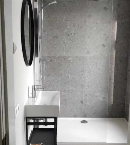 a bathroom with a sink and a glass shower at Het Maashuis in Maasmechelen