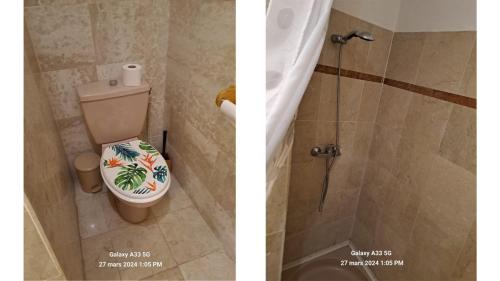 two pictures of a bathroom with a toilet and a shower at Appartement en résidence avec piscine in Le Gosier