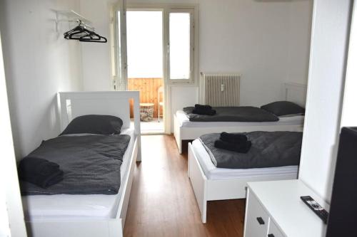 a bedroom with two beds and a window at Zentrales Studio-Apartment in Linz in Linz