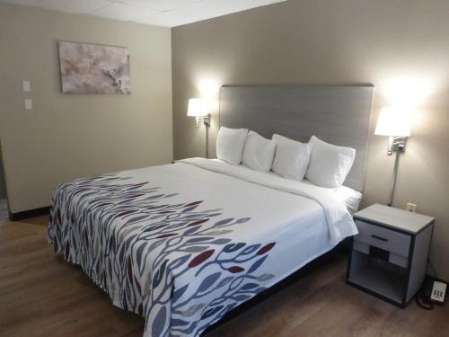 ein großes Bett in einem Hotelzimmer mit zwei Lampen in der Unterkunft Red Roof Inn Stroudsburg in Stroudsburg