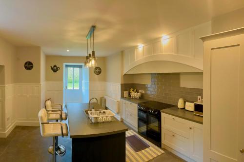 a large kitchen with white cabinets and a sink at Skryne Castle in Ross Cross Roads