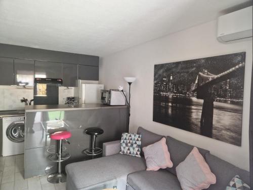 salon z kanapą i kuchnią w obiekcie T2 rez de jardins w mieście Cavalaire-sur-Mer
