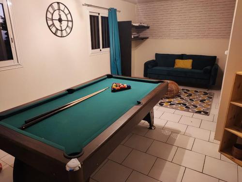 Le Lambert的住宿－La Caz Serins ETANG SALE，带沙发的客厅内的台球桌