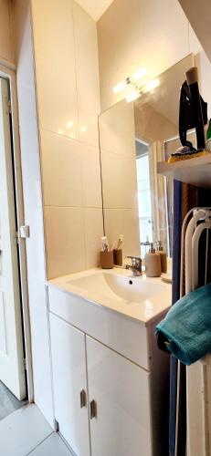une salle de bain blanche avec un lavabo et un miroir dans l'établissement Studio & Expansive Terrace: Urban Oasis in Paris!, à Courbevoie