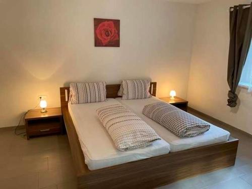 a bedroom with a bed with two lamps on it at Ferienwohnung Schweizer Sennenhund in Nauders
