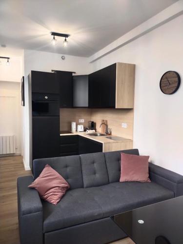 un salon avec un canapé et une cuisine dans l'établissement 2 pièce avec terrasse ensoleillé, à Suresnes