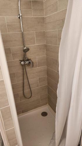 une douche avec un rideau de douche dans une salle de bain dans l'établissement Cannes Centre Palais Des Festivals Croisette, à Cannes