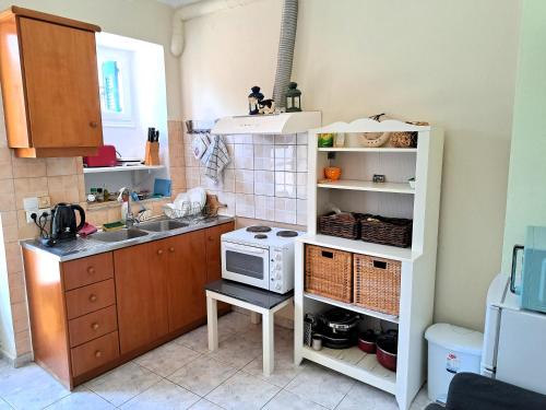 a small kitchen with a sink and a microwave at Ariadne Studio in Kyparissia
