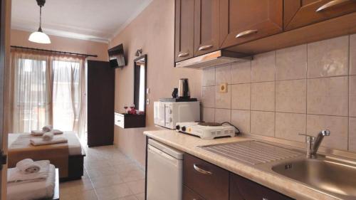 a kitchen with a sink and a microwave at House Chrysoula Mitsokopi in Sarti