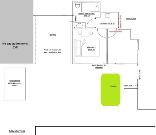 un plan d'étage d'une maison avec un vert dans l'établissement Chambre proche Puy du fou entrée indépendante, Encas du matin Offert, à Bazoges-en-Paillers
