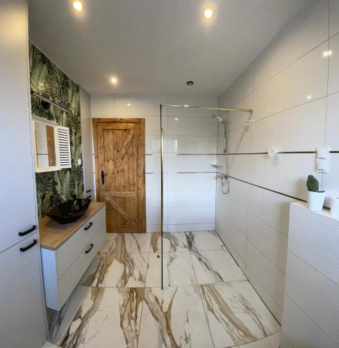 a bathroom with a walk in shower and a glass door at Dark Horse Apartament in Chojnice