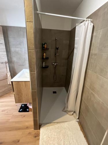 une douche avec un rideau de douche dans une salle de bain dans l'établissement Loft à Lucciana, à Lucciana