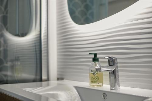 - un lavabo dans la salle de bains avec une bouteille de savon dans l'établissement Florida emplacement parking, à Annecy