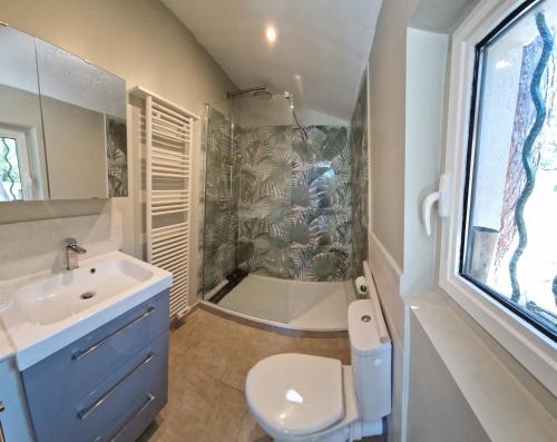 une salle de bain avec un lavabo, des toilettes et une douche dans l'établissement la Cigalière, à LʼIsle-sur-la-Sorgue