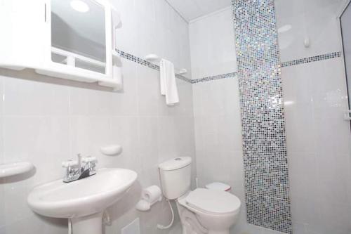 a white bathroom with a toilet and a shower at Apartamentos Chalet del Mar in San Andrés