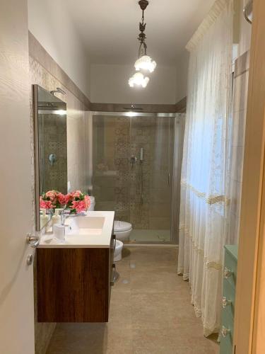 a bathroom with a sink and a shower and a toilet at Villa Biniritta in Villaggio San Leonardo