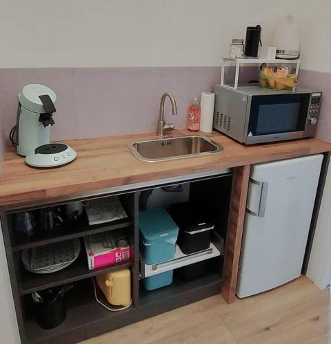 un comptoir de cuisine avec un évier et un micro-ondes dans l'établissement Studio 2 chambres chez particulier, avec entrée indépendante, proche du Puy Fou, encas du matin offert, à Bazoges-en-Paillers
