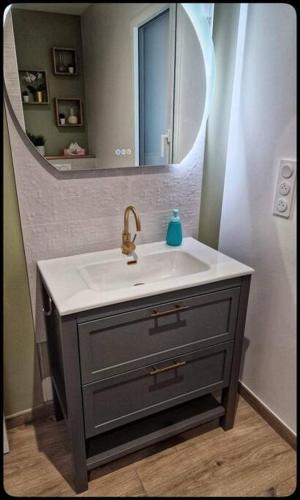 une salle de bain avec un lavabo et un miroir dans l'établissement Studio 2 chambres chez particulier, avec entrée indépendante, proche du Puy Fou, encas du matin offert, à Bazoges-en-Paillers